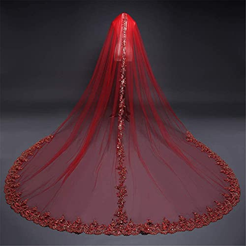 ABWYB Roter Super Langer Schwanz Bridal Schleier mit Kamm Stickerei Spitze Rand Hochzeit Schleier 3D Blume Applique Cathedral Prinzessin Tüll Schöne Hochzeitskleid Zubehör für Frauen