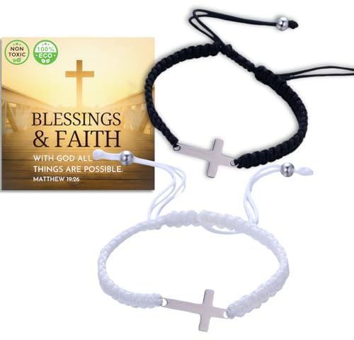 Halukakah Lot de 2 Bracelets Croix de Amitié pour Enfants - Bracelets Ajustable en Corde Tressée Noir&Blanc - Bracelets Assortis pour Garçons,Filles,Meilleurs Amis -Bracelets Porte-bonheur Kabbale BFF