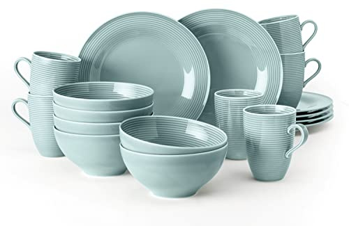 Seltmann Weiden Beat Color Glaze Frühstücksservice 18-teilig – Henkelbecher, Müslischalen und Frühstücksteller für 6 Personen – Porzellangeschirr mit Rillenrelief, Spülmaschinenfest – Arktisblau