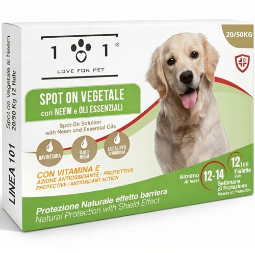 Spot on Natural Chiens Taille Moyenne et Grande – 12 Ampoules de 1 ML – Contre Les parasites, Les puces, Les tiques, Les moustiques, Les poux