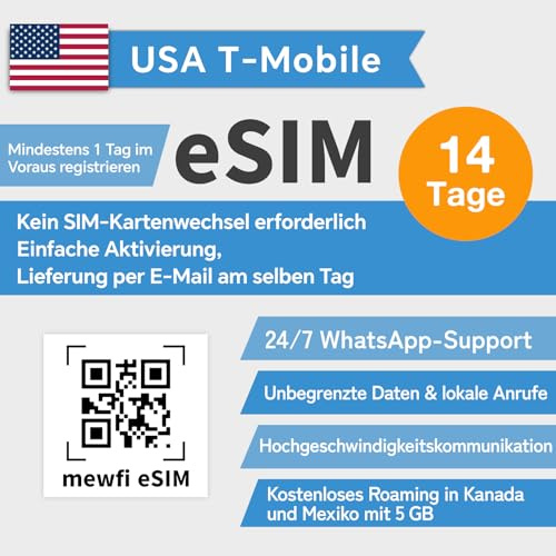 USA eSIM (USA, Mexiko, Kanada universal), unbegrenzte Internet-Daten, T-Mobile SIM, unbegrenzte Geschwindigkeit US Prepaid-Karte, unbegrenzte Ortsgespräche und lokale Texte. (14 Tage)
