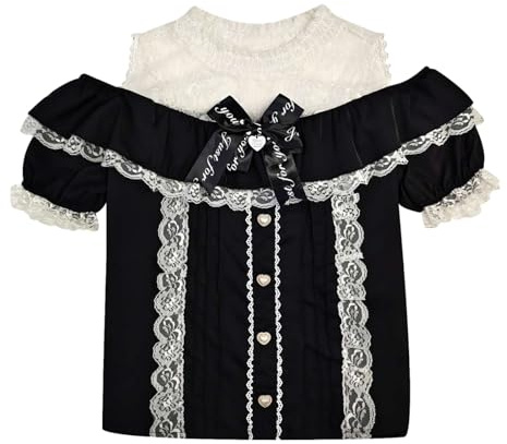 Cuteighteen Söt kall skuldra skjorta kvinnor Lolita spets nät genomskinlig kortärmad blus vintage volang knapp söta toppar, Svart, M