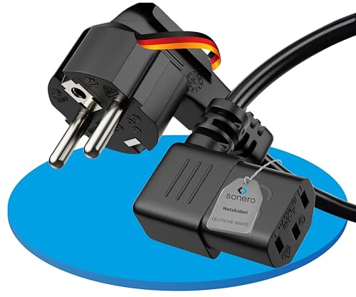 sonero Kaltgerätekabel Stromkabel 90° Winkel C13 3-polig Schutzkontakt 5m | Schwarzes 90° Netzkabel für Monitor, PC, Drucker, Beamer und Spielekonsolen mit Schutzkontakt Stecker auf IEC C13 Buchse