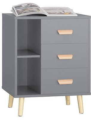 SoBuy Nachttisch, Nachtschrank mit 3 Schubladen und 2 Ablagen, Moderner Beistelltisch, Aufbewahrungsschrank für das Schlafzimmer, Beside Table B48 x T40 x H60 cm Grau FBT95-HG