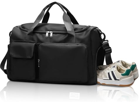 Waterproof Gym Bag Duffle Bag with Wet Pockets and Shoe Compartment, Durable Sports Holdall Bags Travel Bag for Women Man, Weekend Travel Overnight Bag (Black)