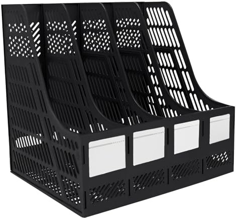 Elezeal A4 Zeitschriftensammler, 4 vertikale Fächer, Bücherregal, Dokumentenmappe, Ordner, Trennwand, Schreibtisch-Organizer, Papierbox für Büro, Zuhause, Organisation und Aufbewahrung, Schwarz