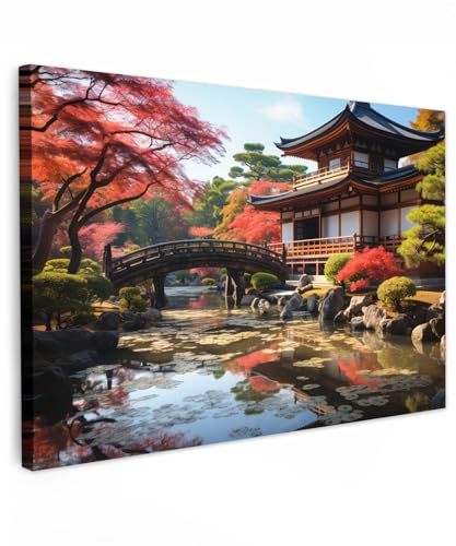 MuchoWow© Wandbilder Groß XXL Schlafzimmer Home Deko Wohnung Bild | 120x80 cm - Wohnzimmer Fotoleinwand Wand Bilder Leinwand Wall Decor Japanischer Garten - Fluss - Bäume - Natur - Japan