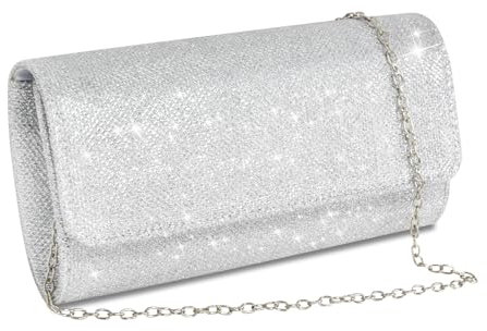 Kettentasche,Damen Clutch Glitzer,Elegante Envelope Tasche,Glitzer Abendtasche,Handtasche Silber,Umhängetaschen mit Abnehmbarer Kette,für Hochzeit, Party, Freizeit, Date,Geschenk für Freundin (Silber)