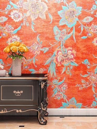 FunStick 44.5CM×9M Selbstklebende Tapete Blumen Klebefolie Möbel Blumen Blätter Muster Tapete Vintage Orange Rot Selbstklebende Folie für Möbel Wand Tisch Küchenschrank Möbelfolie Muster Vintage