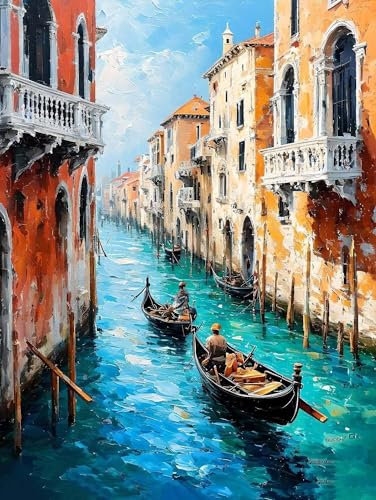 Malen nach Zahlen Erwachsene Venedig Water City, DIY Handgemalt Ölgemälde Kit Mit 3-Pinseln und Acrylfarbe, Anfänger Paint by Numbers Malen Nach Zahlen zur Heimdekoration, Ohne Rahmen 40x50cm V-607