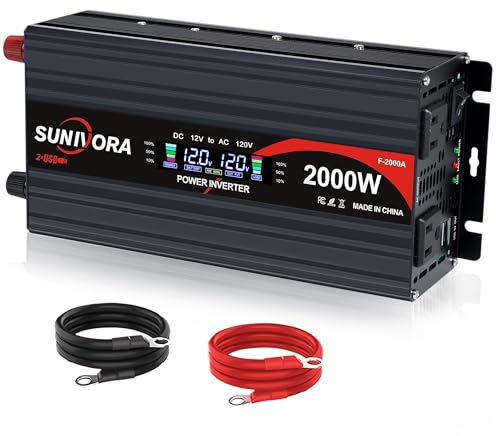 2000 Watt Power Inverter 12V DC to 110V/120V AC Converter 4000W Peak with LCD Display, 3 AC Outlets & 2 USB Ports Power Inverters for Vehicles Car Truck Boat RV Camping Solar System EPS