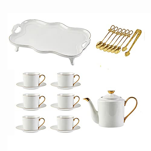RAABYU Teeservice aus Porzellan, Teetasse und Untertasse, Service für 6 Personen, mit Teekanne, Teelöffeln und Tablett für Hochzeitsteeservice