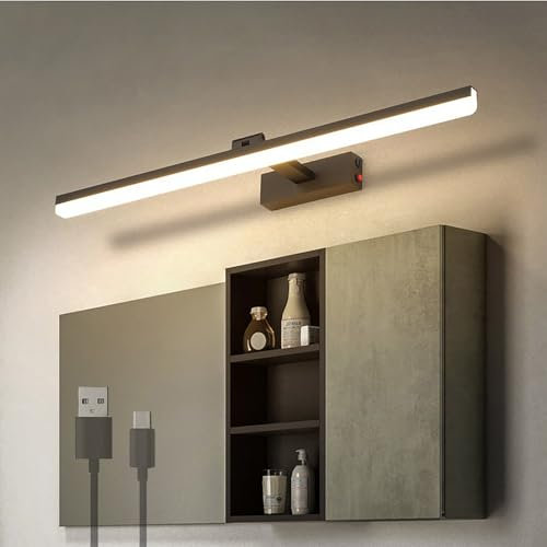 LED Einstellbare 180° Bilderleuchte Verstellbarer Akku Batterie Spiegel Beleuchtung Fixture Schlafzimmerleuchte Gebürstetem Schwarz Leseleuchten 3000K/4500K/6000K für Flur (Neutrales Licht,40CM)