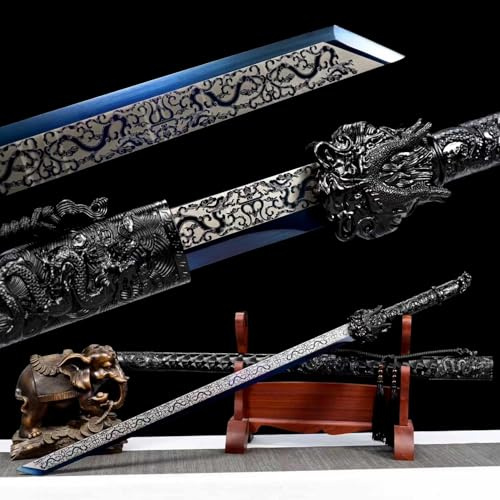 KWXPW 106cm Drachenkönigsschwert,Manganstahl Klinge mit Gravurprozess,Leder umwickelte Holzscheide,handgefertigt gerades Schwert Katana für Cosplay,Display,Dekoration,Geschenk,Festival,Kampfsport