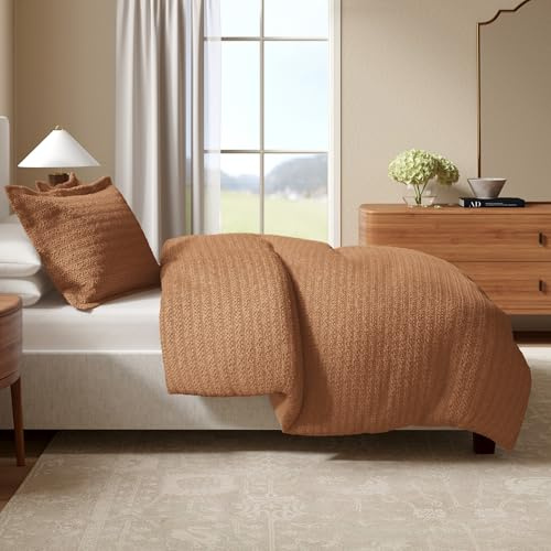 Great Bay Home 100% Natural Cotton Duvet Cover Set, King/California King Size - Honeycomb Waffle Brown Duvet Cover with Button Closure & 2 Pillow Shams - Boho Bedroom Decor