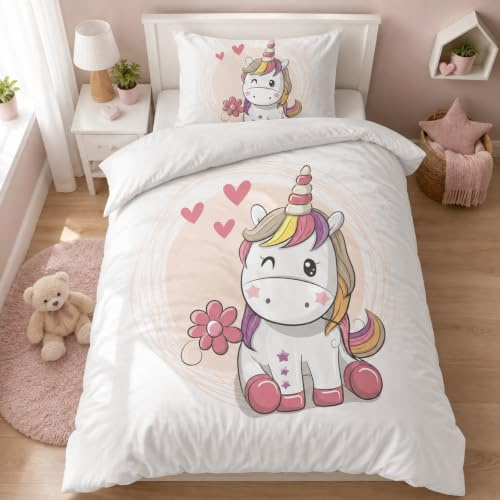 DJDEA Single Kids Duvet Cover Set, Unicorn Girls bedding Set, Cute Single Duvet Cover 135x200cm With Zip Fastening Comes With 50x75 cm Pillowcase