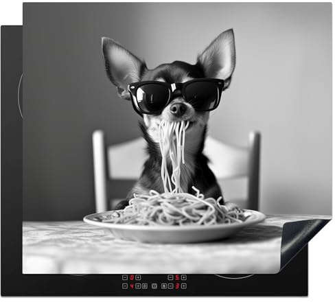 KitchenYeah© Herdabdeckplatte Einteilig Ceranfeld Abdeckplatte für | 60x52 cm - Induktionsschutz Ceranfeldabdeckung Vinyl Herdabdeckplatten Chihuahua - Hund - Sonnenbrille - Schwarz - Spaghetti