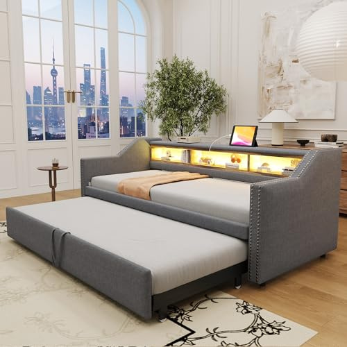 Polsterbett Tagesbett Gästebett 90x190, Schlafsofa Multifunktionsbett mit Ausziehbett&LED&USB&Staufach, Einzelbett Doppelbett Daybett Bettgestell mit Lattenrost, Leinenstoff, Ohne Matratze,Dunkelgrau