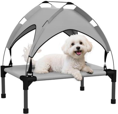 PawHut Lit Chien surélevé, lit de Camp pour Chien, Velum en Taffetas, Tissu textilène Micro-perforé + Sac de Transport Inclus, Facile à Assembler, 61 x 46 x 63 cm, Gris