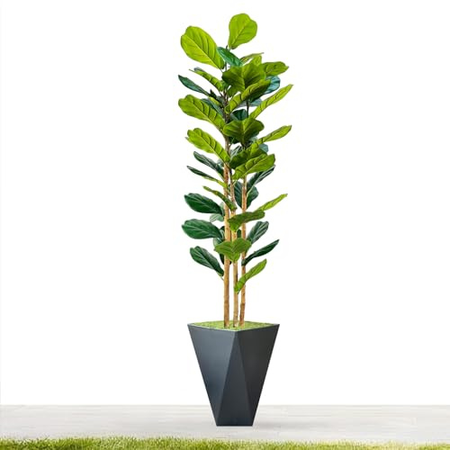 Fiddle Leaf Fig Tree Artificial, 6ft Tall Faux Plants Indoor with Polygonal Planter, Fake Fig Trees with Natural Wood Trunk for Office Home Living Room Decor, Housewarming Gift (Black Grey)