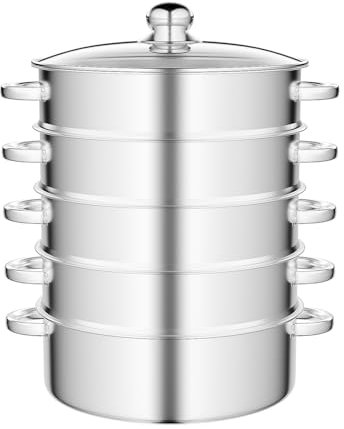 Mantowarka Dampfkocher – 5 Etagen Dampfgarer aus Edelstahl mit Glasdeckel, Induktionsgeeigneter Dampftopf Steamer Pot 30cm für Gemüse & Dumplings