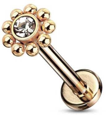 Stachelkleid Labret Blume Zirkonia Innengewinde Lippe Ohr Piercing Stecker 316l Rosé Gold/Kristall, 6 mm