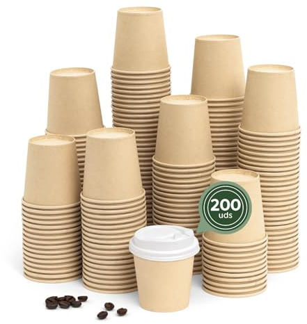Maxi Products - 200 Vasos Cartón Kraft + Tapa Blanca - 120 cc (4 oz) - Vasos Desechables para Café para Llevar - Reciclables - Apto Alimentos Calientes - TAKE AWAY