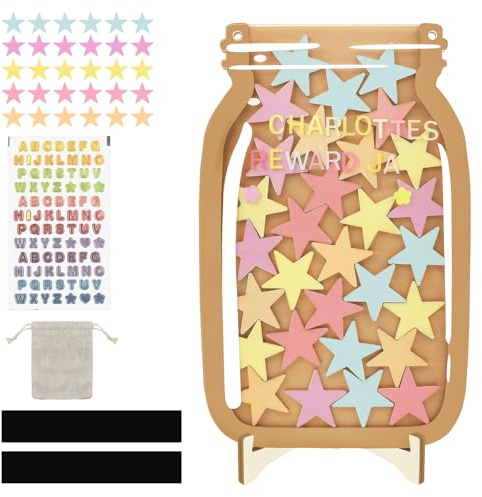 Belohnungsbecher, Belohnungsglas, Belohnungssystem Kinder, Belohnungsglas Kinder, Belohnungssystem Glas mit Sternen, mit Holzhalter und 30 Stern + Sticker, für Haus, Schule und Töpfchentraining