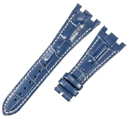 ROUHO 28mm Bracelet de Remplacement en Cuir Véritable, Doux et Respirant, Sangle de Montre Homme Femme pour Audemars Piguet Royal Oak Offshore AP15710 15703 26470 26133-Bleu Blanc sans Boucle