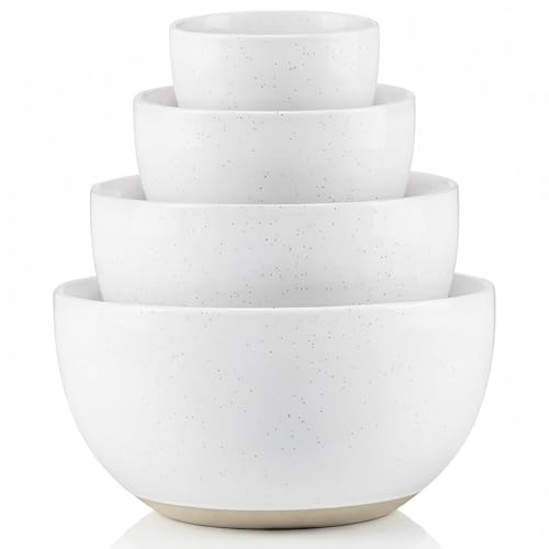 KooK Mixing Bowls, Ceramic Nesting Bowls, Stoneware Kitchen Bowls, For Prep, Serving, Dishwasher Safe, 18/40/90/140 oz, Set of 4, Moonstone