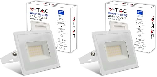 V-TAC Projecteur LED Extérieur 30W - [Haute Performance] Blanc- IP65 – 2510 Lumen – Lampe Étanche pour Maison, Jardin, Garage, Fabrique - Lumière Blanc Froid 6500k (Lot de 2)