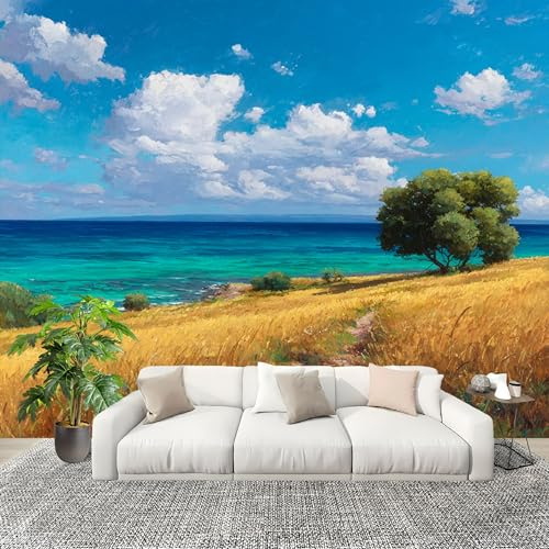 Fotomurales 300x210 cm Mar Pradera Paisaje Decoración Muro Murales Papel Pintado tejido no tejido Azul Claro Moderna Panoramico Fotográfico Adhesivos Impermeable Papel Tapiz