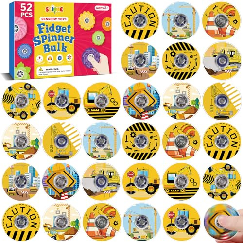 SCIONE 52-pack Mini Fidget Spinners Byggtema – Hållbar Plast, Mjuka och Tysta Sensoriska Leksaker – Party Bag Fillers, Klassrumsbelöningar, Födelsedagspresenter, Stressavlastning
