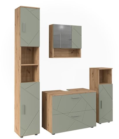 Vicco Conjunto de Muebles de baño Irma, Verde Salvia, 80 cm | compuesto por mueble bajo lavabo, espejo, columna alta y columna media