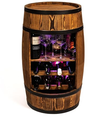 CREATIVE COOPER Weinregal - Weinschrank Mini Bar - Alkohol Schrank mit LED - Weinfass - Weinbar - Fassbar - Barschrank - 80cm hoch - Retro Regal - Whiskybar - Fassmöbel (Sonnenverbranntes wenge)