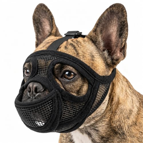 Maulkorb Französische Bulldogge, Nylon Hundemaulkorb Kurze Schnauze, Zungenöffnung, Große Augenöffnungen, Atmungsaktiv, Verstellbar, Giftköderschutz, Anti-Beißen, Mops Bulldogge, Schwarz