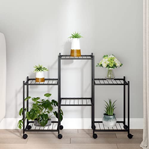 QUAHEAS Supporto per fiori con ruote in ferro verniciato a polvere, 83 x 25 x 63,5 cm, nero, stabile scaffale per piante con stoccaggio e mobilità flessibile, per balcone, terrazza, interni ed esterni