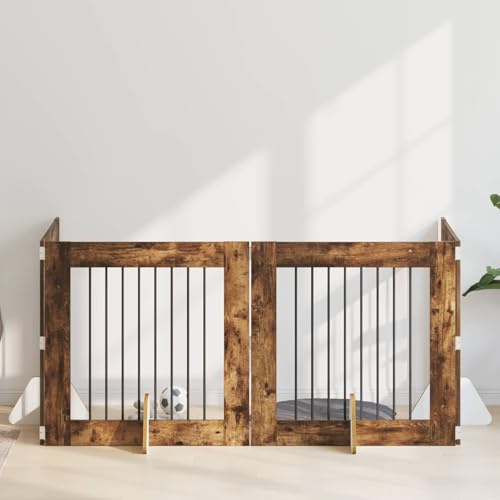 QUAHEAS Hundetor mit Ständern aus Metall und Holz, faltbar, 4-teilig, 80 x 80 cm, Geräucherte Eiche, Indoor und Outdoor, tragbar, modularer Hundezwinger, Schutz und Absperrung für Welpen und Hunde