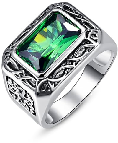 BONLAVIE Herren Ringe 6.85CT Simulierte Smaragd Ringe Edelstahl Siegelring Herren Vintage Silberring Verlobungsring Schmuck für Männer