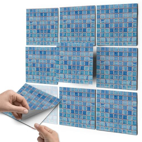 Aufkleber für Fliesen I Fliesensticker Vinyl Mosaikfliesen I Selbstklebende Dekorfolie zur Wandgestaltung von Bad u. Küchenfliesen - Fliesenmuster I 15x15 cm - Motiv Mosaik Blau - 18 Stück