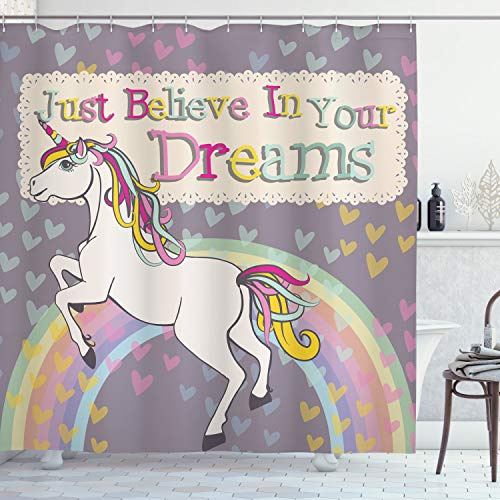 ABAKUHAUS Einhorn Duschvorhang, Glaube an Deine Träume, Stoffliches Gewebe Badezimmerdekorationsset mit Haken, 175 x 200 cm, Beige und Lila