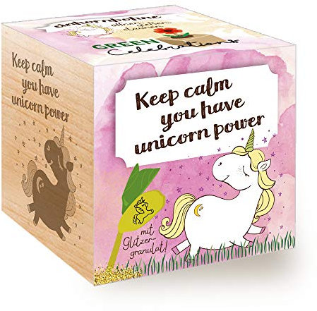 Feel Green 296725 Grow Your Own Einhornbohne, Holzwürfel Mit Lasergravur «Keep Calm, You Have Unicorn Power», Nachhaltige Geschenkidee, Anzuchtset, Ecocube, Made in Austria