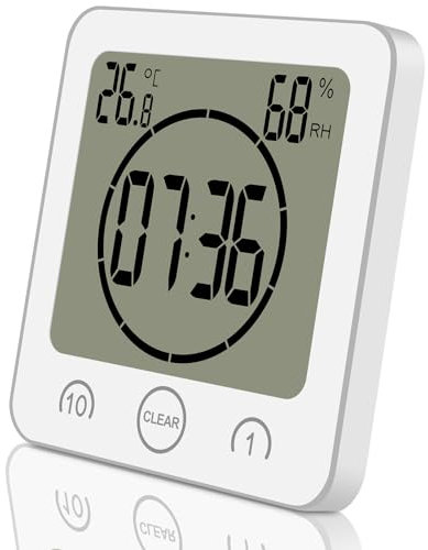 ALEENFOON Digital Badezimmeruhr Duschuhr Wasserdicht mit Saugnapf Thermometer zum Hinstellen Wand Dusche Countdown Timer Digitalwecker Batteriebetrieben Thermometer Hygrometer Innen (Weiß)