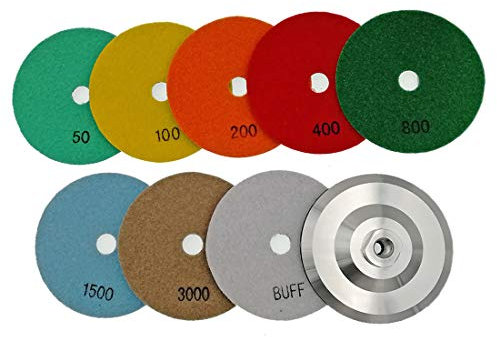 SHDIATOOL Diamante Almohadilla de Pulido 8 Piezas Grano Mixta y un Respaldo de Aluminio para Pulir en Seco Mármol Granito Piedra Cerámica Dia 125mm/5 Pulgadas