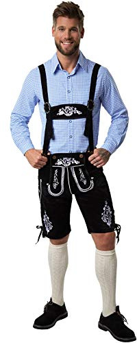 dressforfun Kniebund Kunst Lederhose Herren, Trachtenhose Herren, Trachtenlederhosen mit Träger, Hose in klassischer Leder Optik, mit dezenten Stickereien, schwarz, mit weißen Stickereien