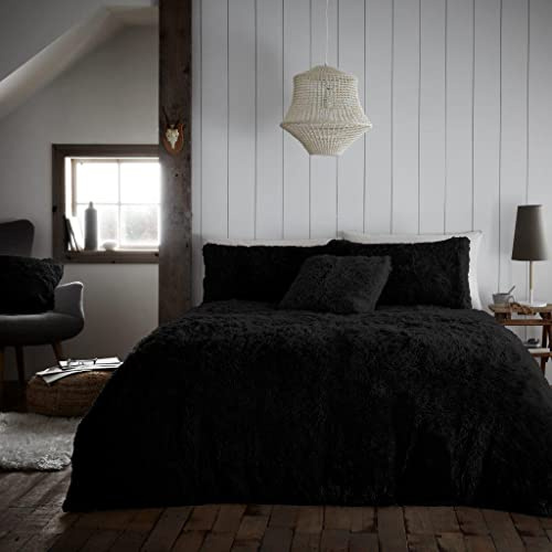 GC GAVENO CAVAILIA Faux Fur Double Bedding Set – Reversible Fluffy Duvet Cover with Matching Pillowcases | Ultra Soft, Warm Cosy Shaggy Fleece Quilt Cover | Easy Care Machine Washable Bed Linen, Black