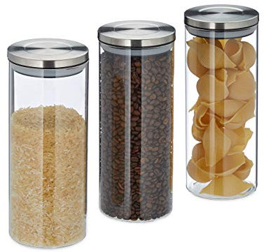 Relaxdays Vorratsglas 3er Set, luftdicht, Edelstahl Deckel, für Pasta, Müsli & Reis, 1,5 l Küchenbehälter, Silbertransparent, 24 x 9.5 x 9.5 cm, Silber Transparent