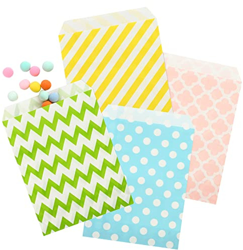 Kesote 100Pcs Pastel Goodies Paper Bags - 5.1 x 7 Inches | Striped, Dotted, Wave & Clover Fern Designs,Candy Bags,Treat Bags,Themed Party, Candy Buffet