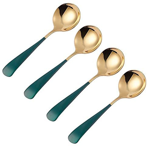 Lot de 4 grosses cuillères à soupe de style palais avec tête ronde de 4,6 cm en acier inoxydable très résistant (vert or)