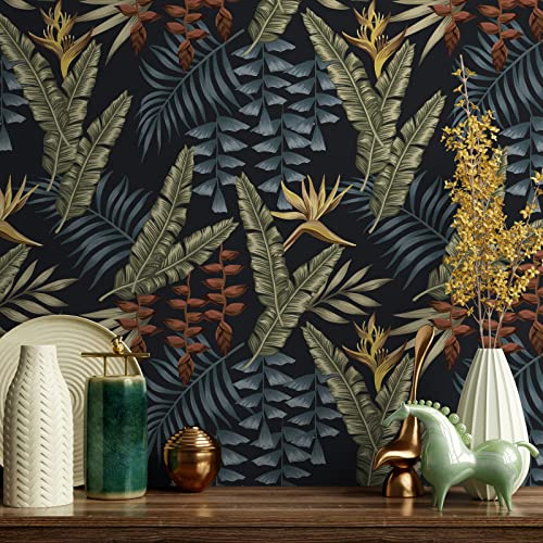 VaryPaper Dschungel Tapete Blätter Gold Klebefolie Muster 44.5cmx800cm Dekofolie Selbstklebend Vintage Möbelfolie Schwarz Matt Fototapete Wohnzimmer Schlafzimmer Tapete Klebefolie Schrank Kommode